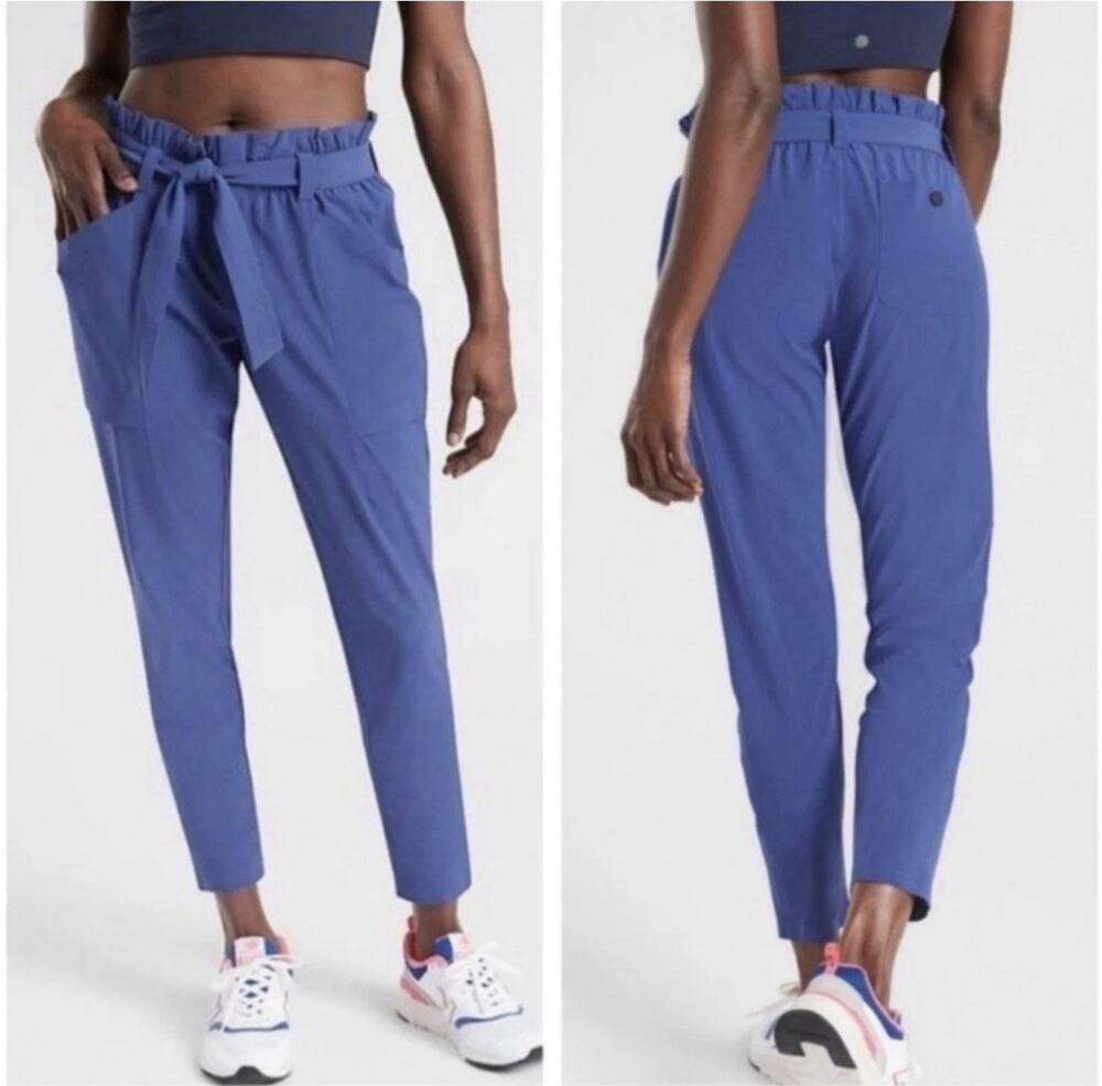 Athleta Skyline Pants Blue Paper Bag Tapered Belted Travel Commute Work Size 10
